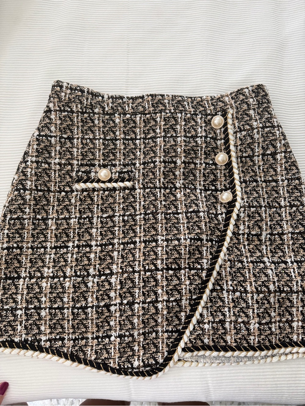 J.ING Black and Cream Tweed Mini Skirt with Pearl Buttons